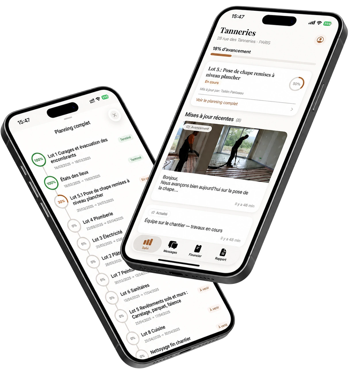 Application Lumiera : suivi de chantier en direct et planning complet
